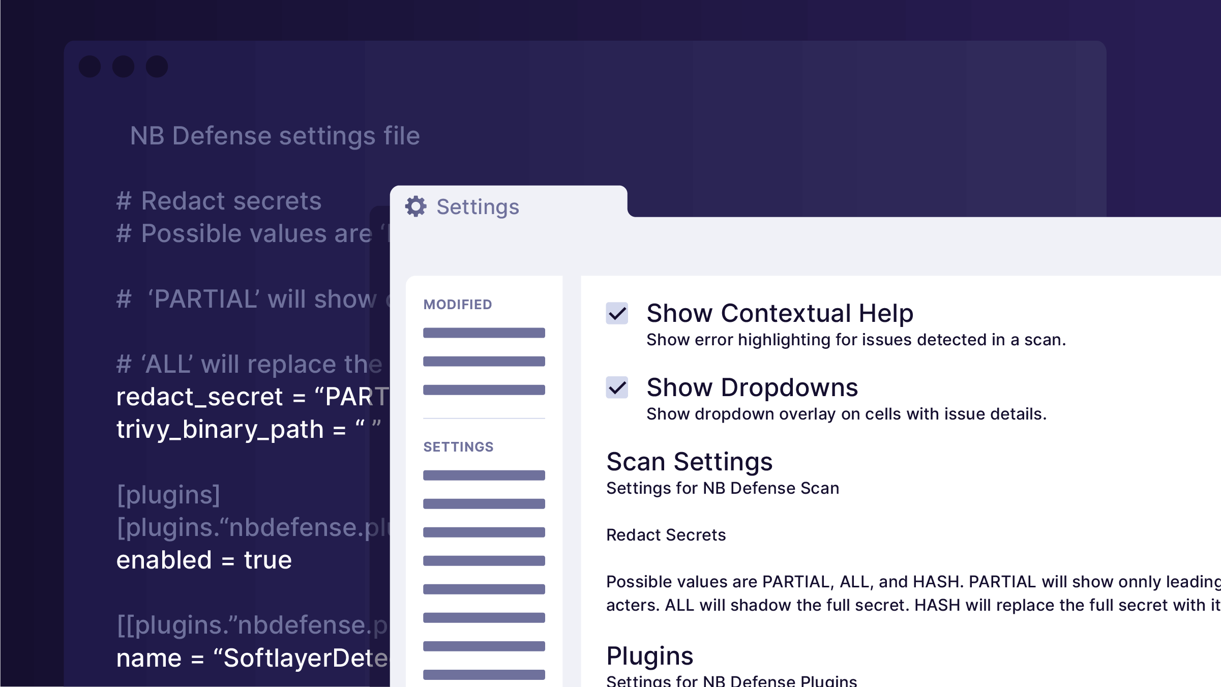 Illustrated screenshot of white NB Defense settings menu on a dark blue background
