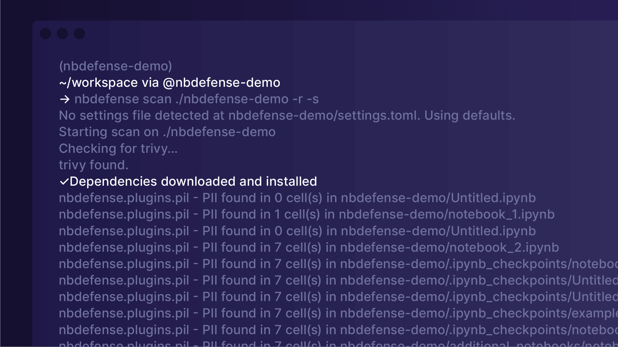 Illustrated screenshot of NB Defense product downloading and installing dependencies on a dark blue background